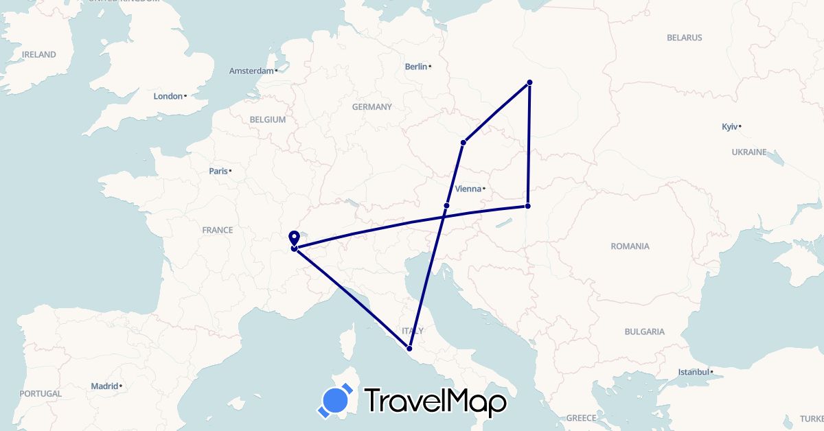 TravelMap itinerary: driving in Austria, Czech Republic, France, Hungary, Italy, Poland (Europe)